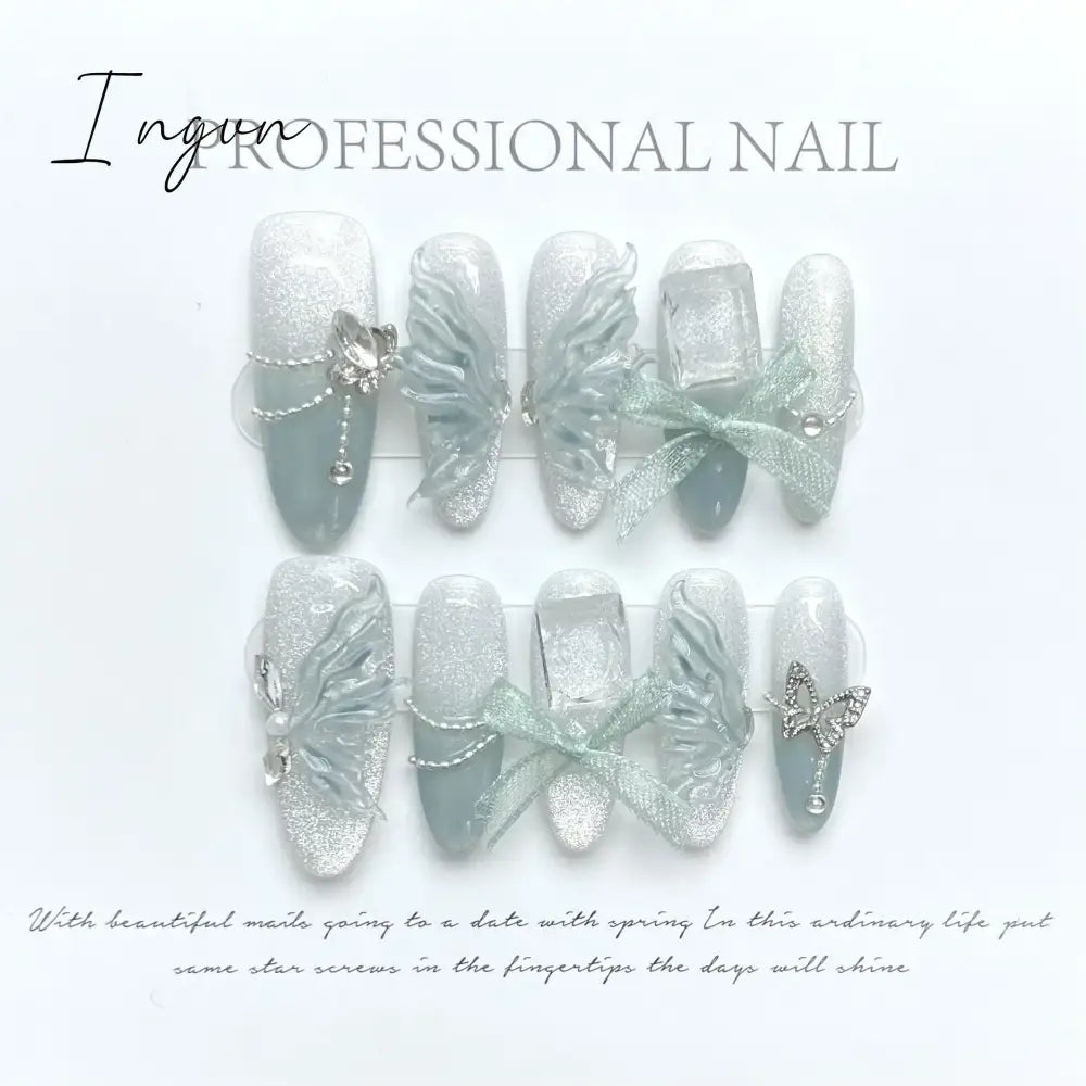 10Pcs Handmade Nails Set Press on Long Almond False Nail with Rhinestone Pink Camellia Design Reusable Full Cover Fake Nail Tips