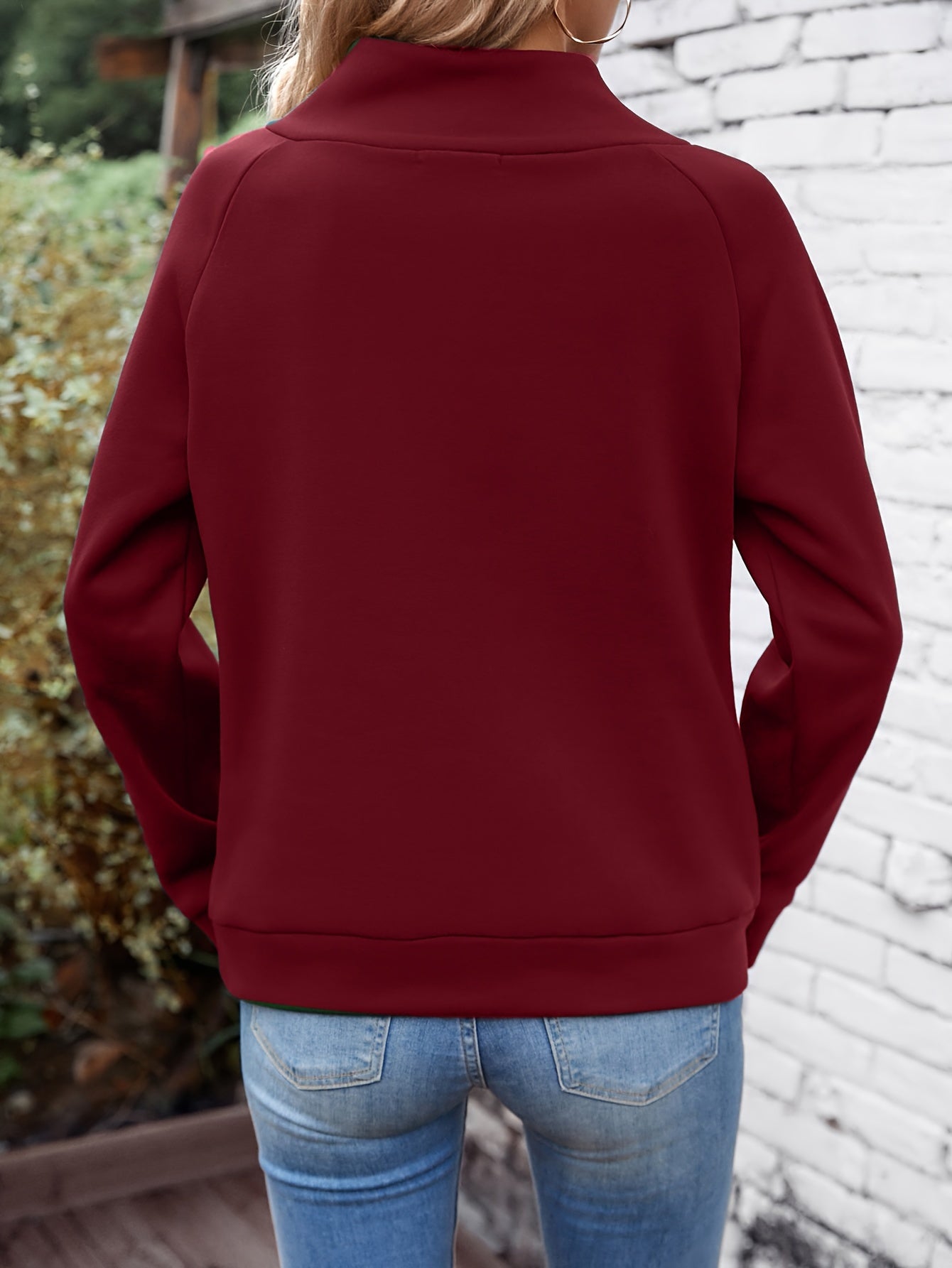 Solid Mock Neck Button Sweatshirt, Elegant Long Sleeve Sweatshirt For Fall & Winter, Women's Clothing