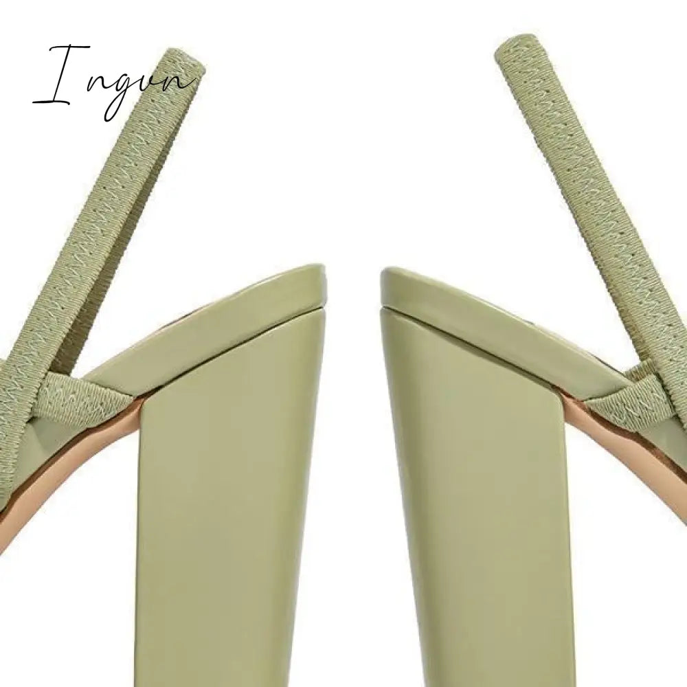 Ingvn - Elastic Straps Squared Toe Chunky Heels