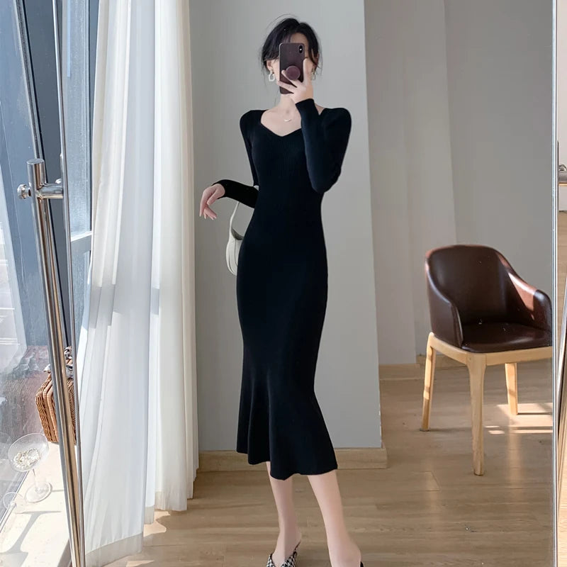 Autumn Knitted Mermaid Dresses for Women Korean Fashion Solid V-neck Long Sleeves Bodycon Party Dress Female Casual Clothing New