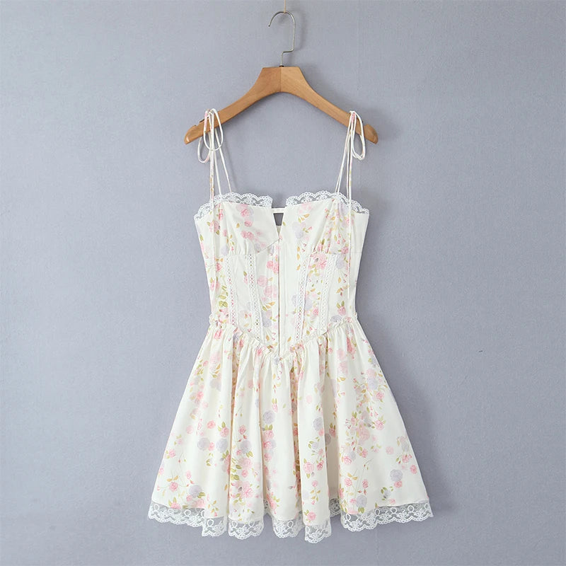 Sexy Elegant Women Lace Patchwork Floral Print Sling Mini Dress Low Waist A-line Summer Holiday Party Dresses Pretty Robe