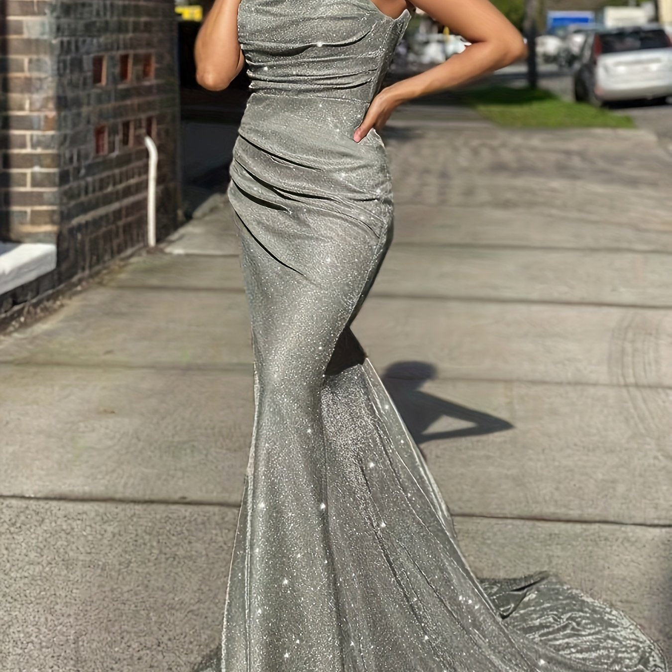 Glitter Sequin Slip Sleeveless Backless Maxi Dress, Slim Elegant Ruffled Cocktail Party Guest Evening Gown Mermaid Dress, Women's Clothing