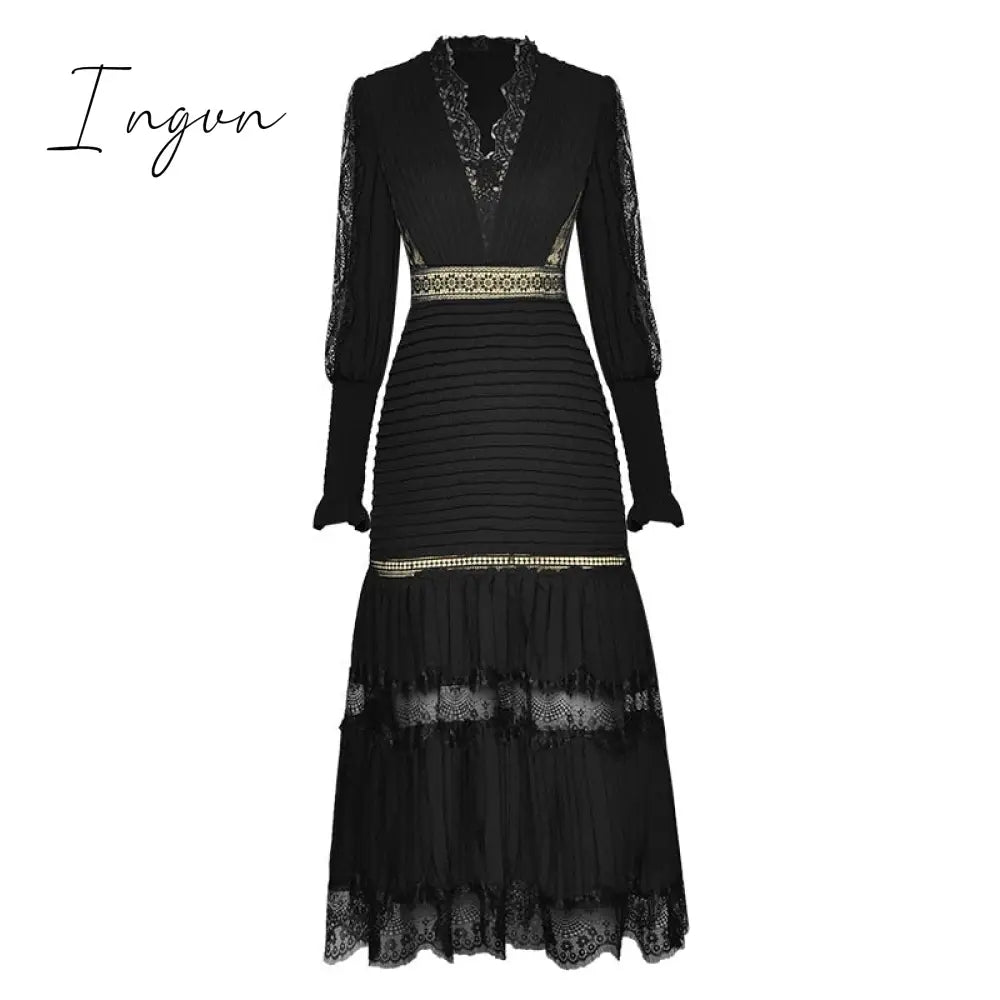 Ingvn - Summer Sexy Party Dress Women Single Breasted Long Sleeve Layer Ruffle Flower Embroidery Lace Tulle Maxi Dress Robe