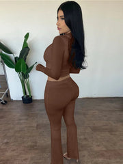 Hooded Top And Trousers Two Piece Sets Women Fashion Zipper Long Sleeve Tops And Flare Pant Female Casual Suit New