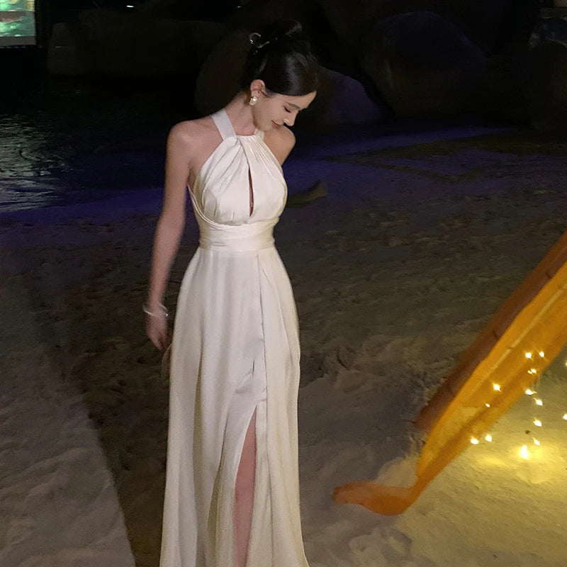 Elegant Party White Satin Long Dresses for Women Summer New Sexy Sleeveless Birthday Backless Bandage Female Clothing Robe