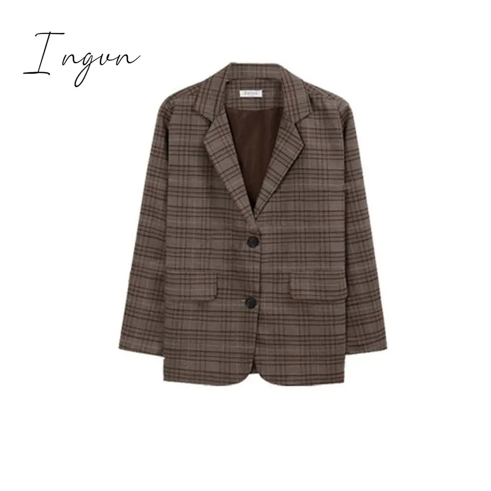 Ingvn - Retro Plaid Blazer Set Single-breasted Jacket & Pencil Skirt 2 Pieces Skirt Suit Female Office Ladies Blazer Suit