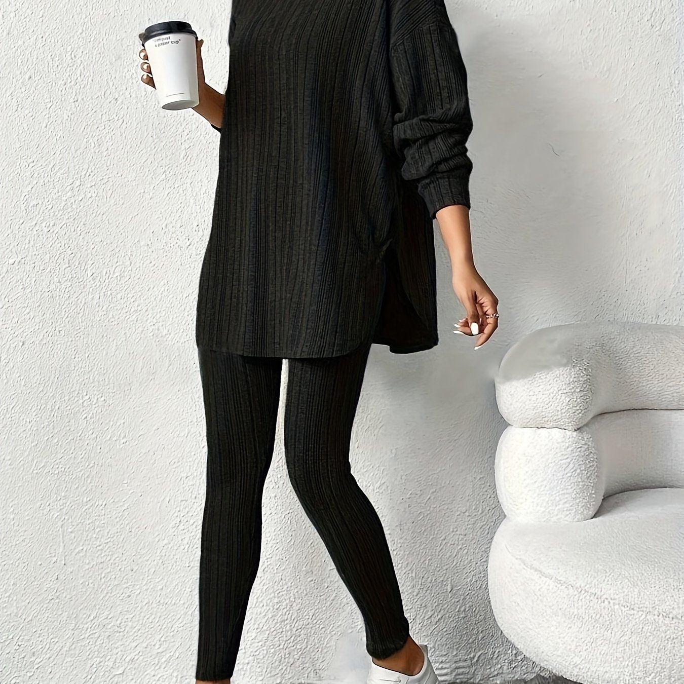 Sleek Duo, Elegant Solid Color Ribbed Hoodie & Leggings Set for Women - Long Sleeve, Polyester Blend, Machine Washable - Perfect for Spring/Fall
