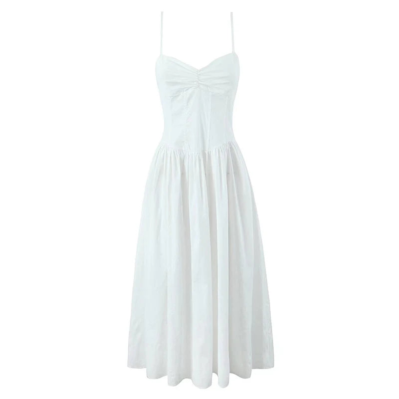 New Women Sexy Elegant Coffee White Sling Long Dress Low Waist Fit And Flare Summer Party Maxi Dresses Cotton Robe