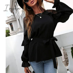 Ingvn - Round Neck Front Tie Flounce Sleeve Lace Cap Blouse