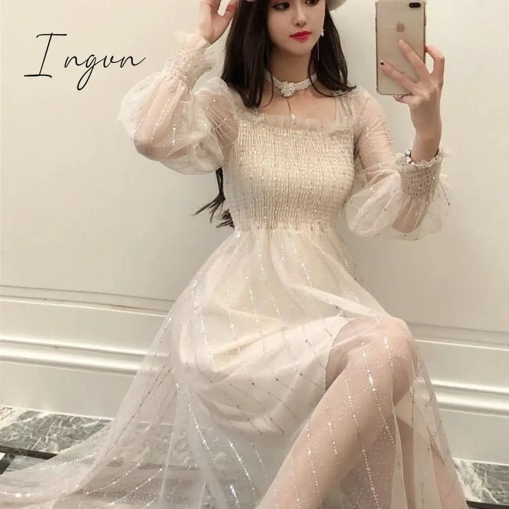 Ingvn - Long Fairy Dress Elegant Sequins Women Long Sleeve Maxi Dresses Summer One-piece Designer Korean Lady Wedding Party Clothing New