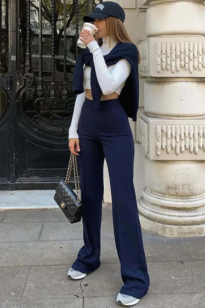 Ingvn - Spring  Autumn New Slim Solid Tone Flare Pants Fashion Korean Version Elastic Waist Street Dress Women Suit Wide Leg Pants