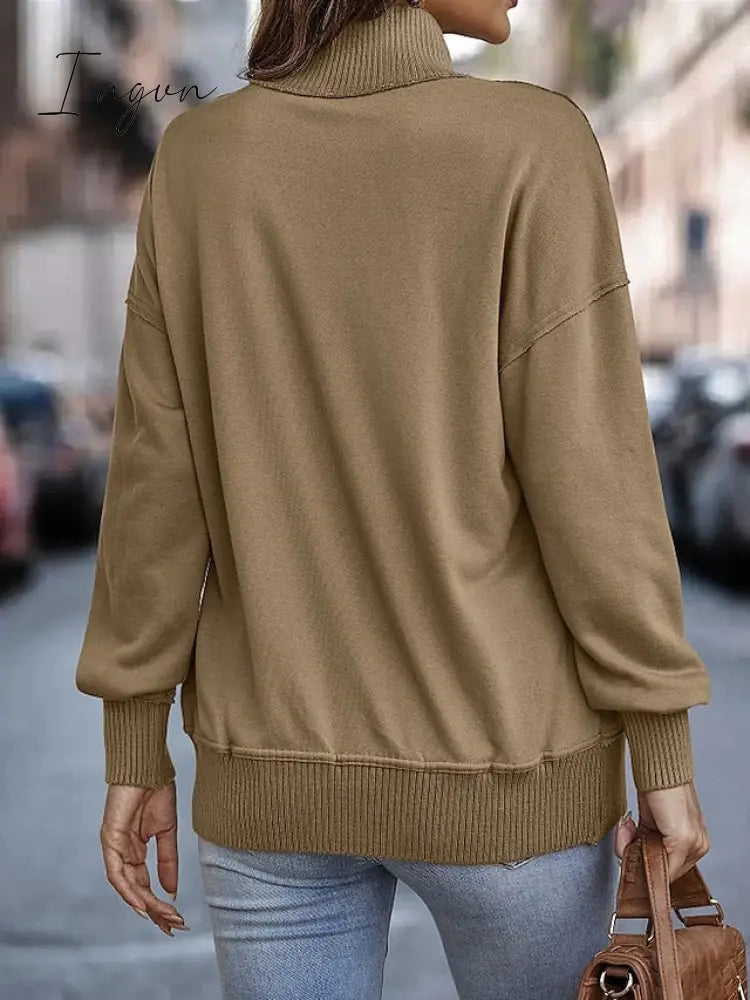 Ingvn - Women's Sweatshirt Pullover Basic Button Front Pocket White Pink Brown Solid Color Casual V Neck Long Sleeve Top Micro-elastic Fall & Winter