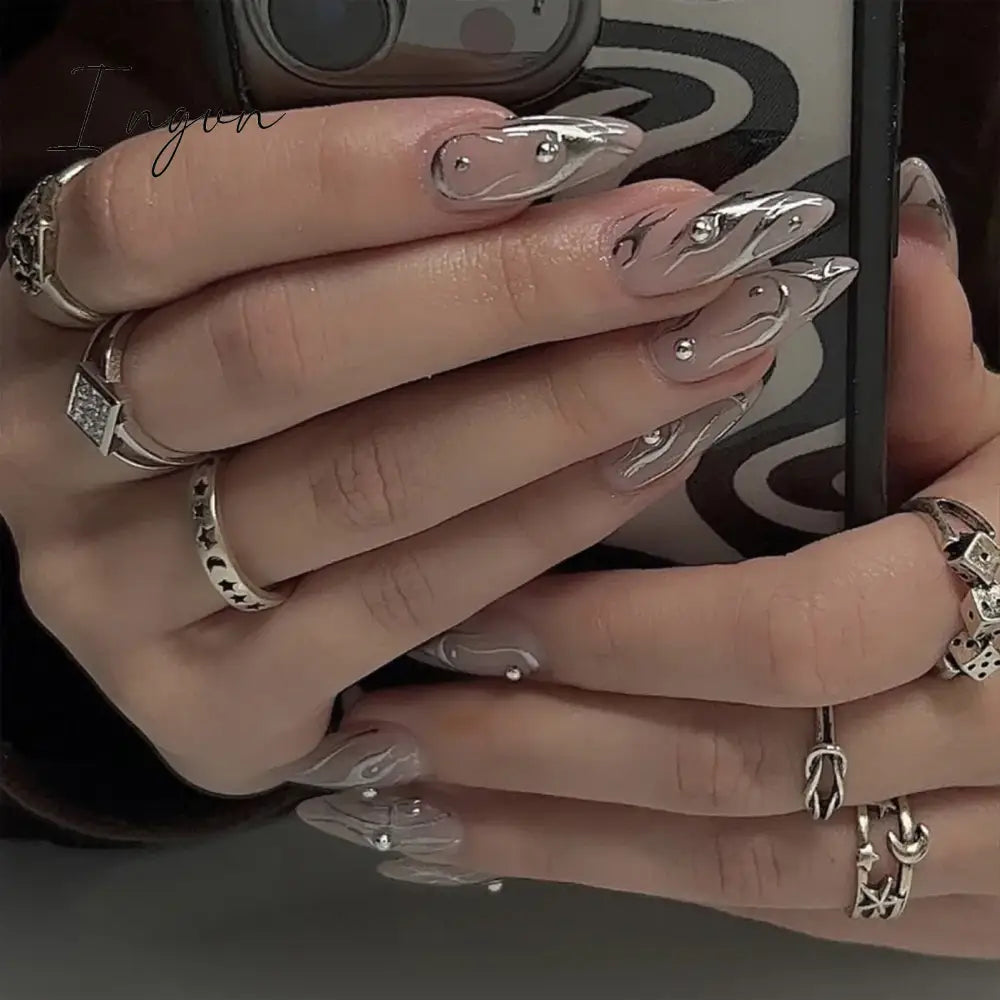 24pcs y2k Sliver Cool Fake Nails Goth Style 3D False Nail Patch Lady Women Wearable Detchable Artificial Nails Patches for Girls