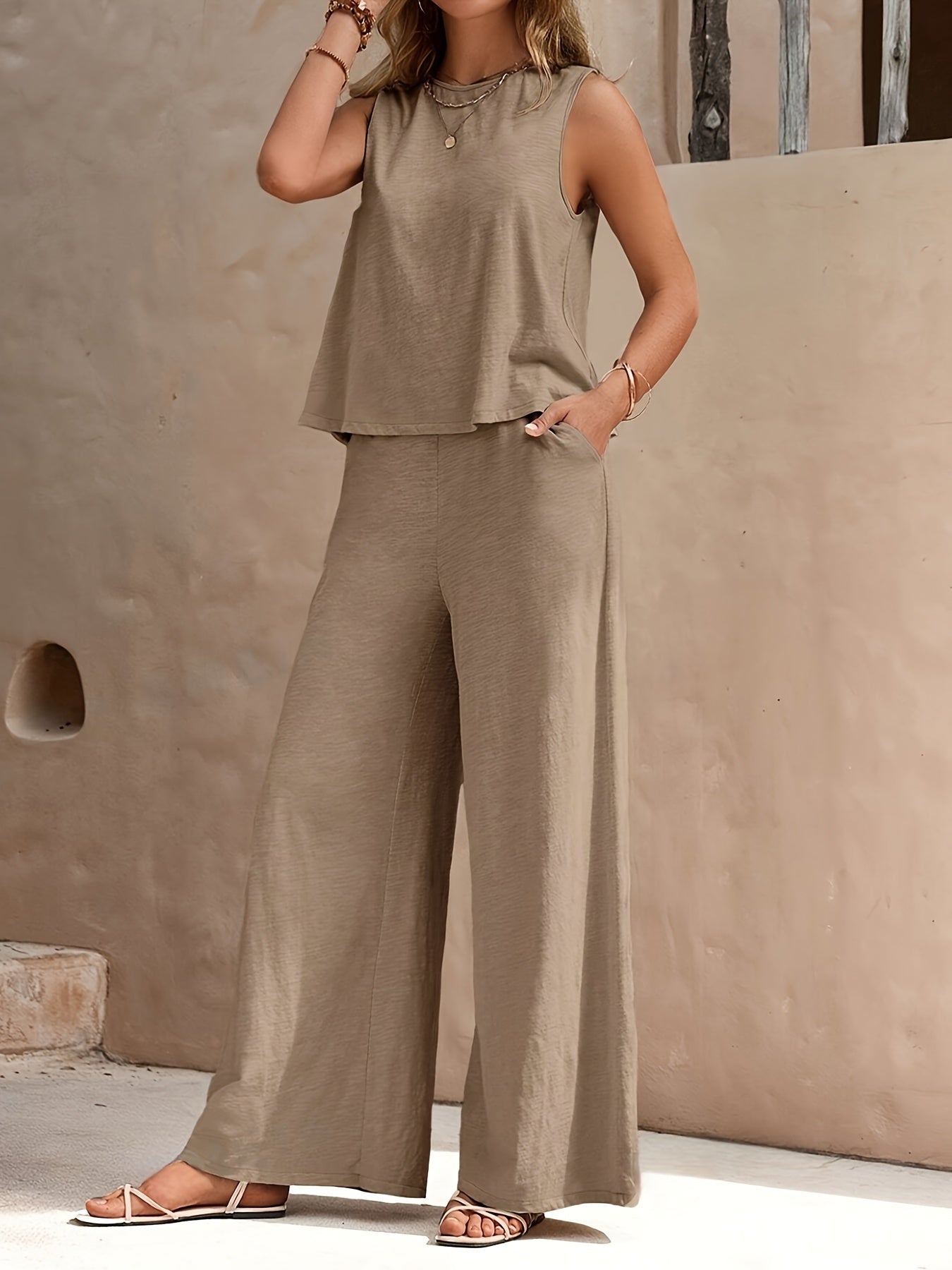 Casual Solid Color Two-piece Pants Set, Sleeveless Crew Neck Tank Top & Slant Pockets Wide Leg Pants Outfits, Women's Clothing