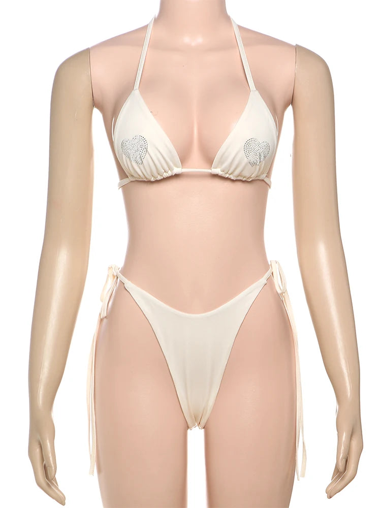 Sexy Heart Rhinestones Fashion Bikini 2 Piece Set Women Halter Bra Tops+Shirring Skinny Briefs Beach Style Trend Suit