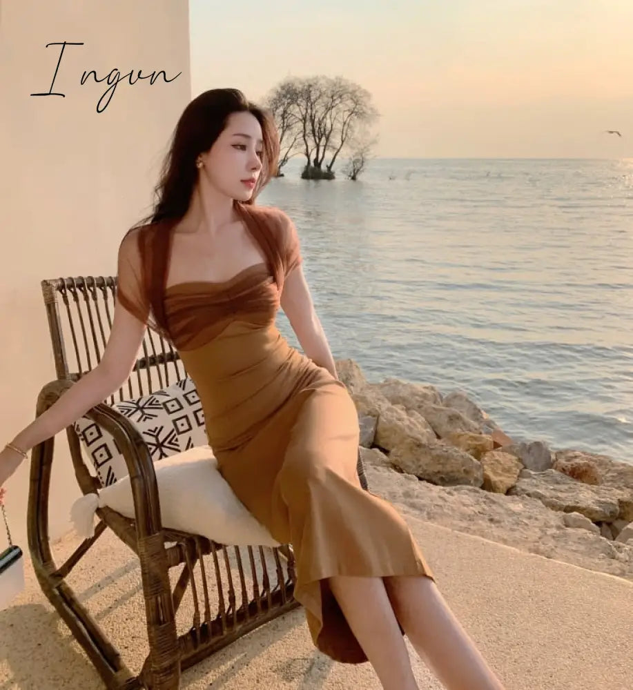 Ingvn - New Years Eve Dresses For Women Spring Summer Sexy Halter Mesh Patchwork Midi Dress Elegant Bodycon Slim Party Vestidos Female Fashion Vintage Clothes