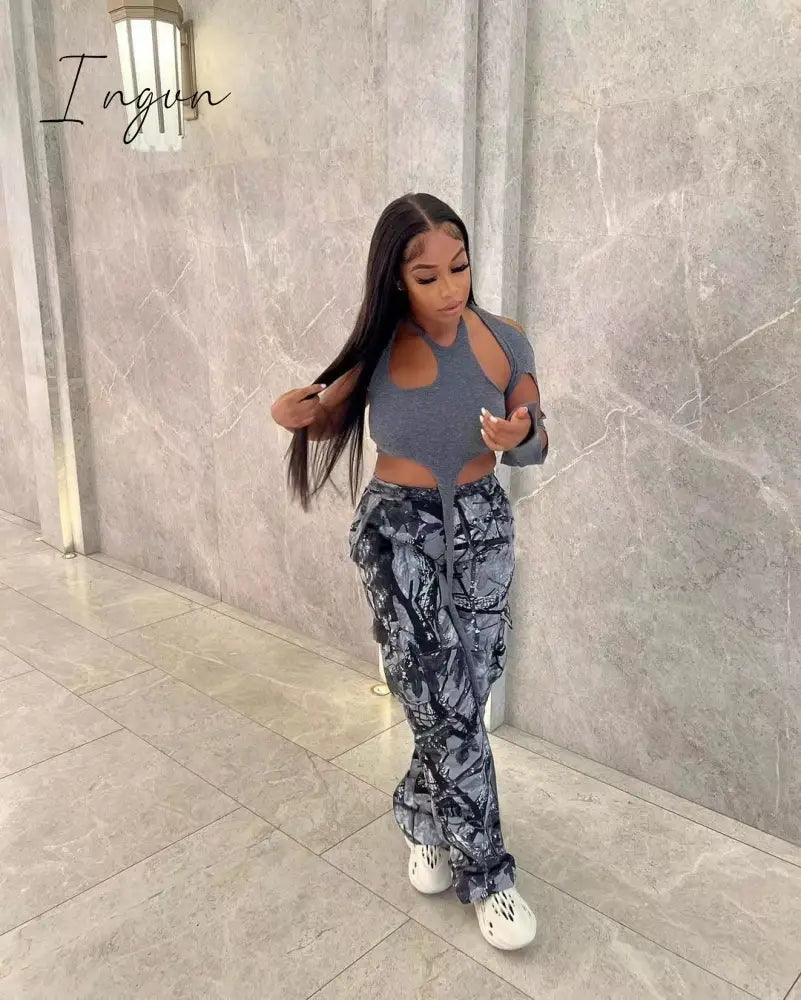 Ingvn - New Camouflage  Print Hight Waist Pants Casual Pocket Cargo Pants Streetwear Y2K Trousers Club Fashion Women Clothing