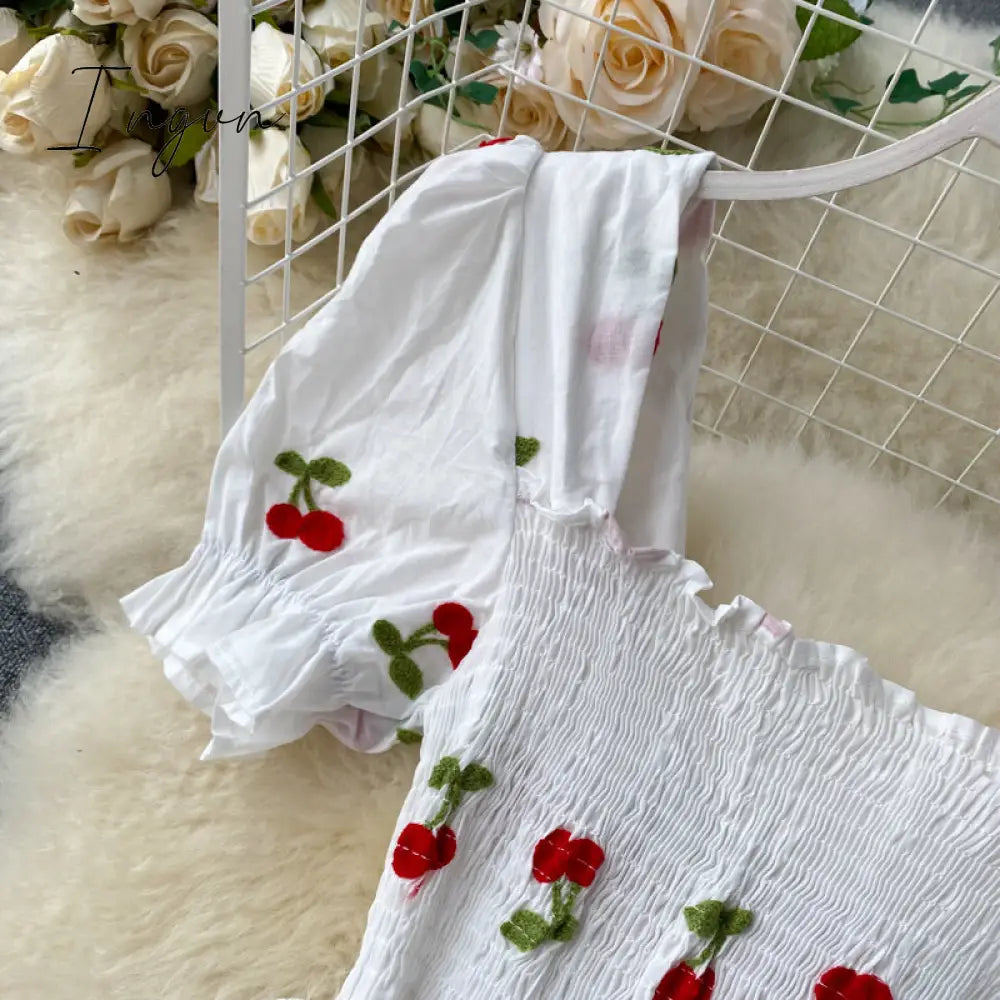 Ingvn - Strawberry Dress Cherry Kawaii Embroidery Puff Sleeve Dress Women Vintage White Square Neck Beach Dresses Korean Clothes