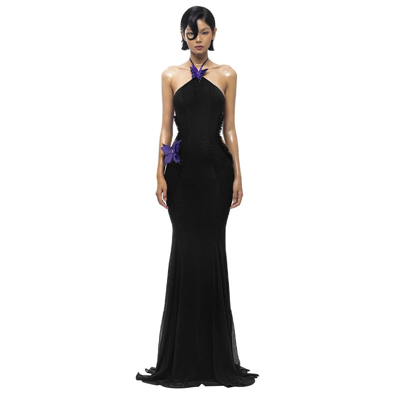 WhereMery Sexy Off Shoulder Butterfly Appliques Halter Maxi Dress 2025 Summer Women Trend See Through Hollow Out Beach Vestidos
