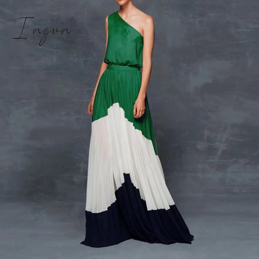 Ingvn - Summer Black Patchwork Inclined Off One Shoulder Women Dresses Contrast Color High Street Night Club Long Party Dress Clothing