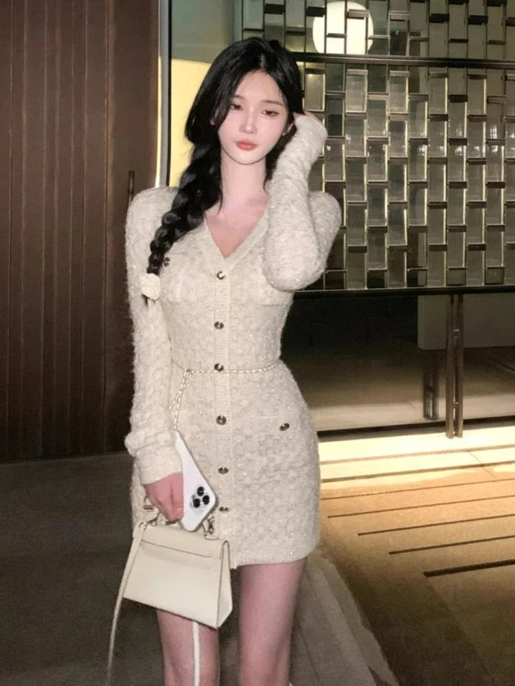 French Elegant Slim Knitted Dress Short Party One Piece Dress Korean Fashion Winter Sexy Bodycon Y2k Mini Dress Woman Chic