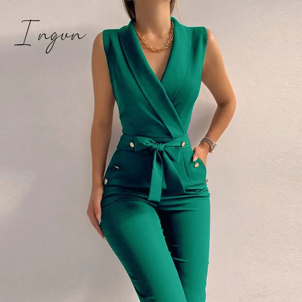 Ingvn - New Solid Casual Women Summer Jumpsuits V-Neck Lace-Up Sleeveless Wide Leg Pants Button Ladies Bodysuits Streetwear
