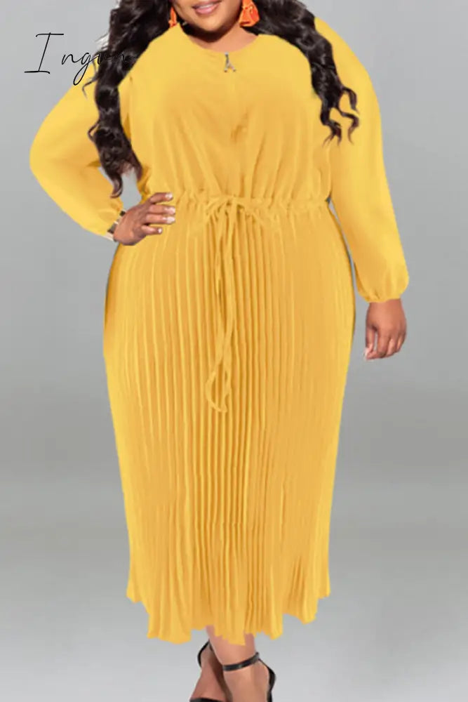 Ingvn - Gold Casual Street Solid Patchwork Draw String Zipper Pleated O Neck Long Sleeve Plus Size Dresses