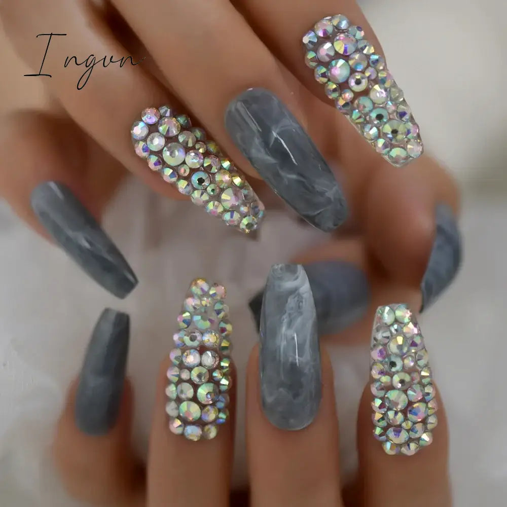 Extra Long Stiletto Press on False Nails Full Cover 3D Rhinestone Fake Nails Manicure Nail Art Tips Set for Wedding Party