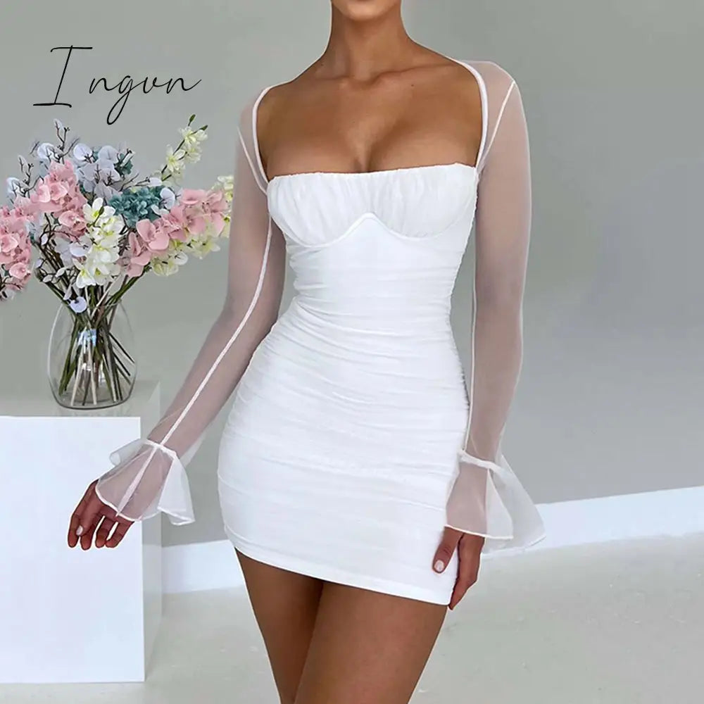 Ingvn - European And American Sexy Tight-Fitting Dress Autumn And Winter New Fashion Perspective Long-Sleeved Open Backpack Hip Skirt