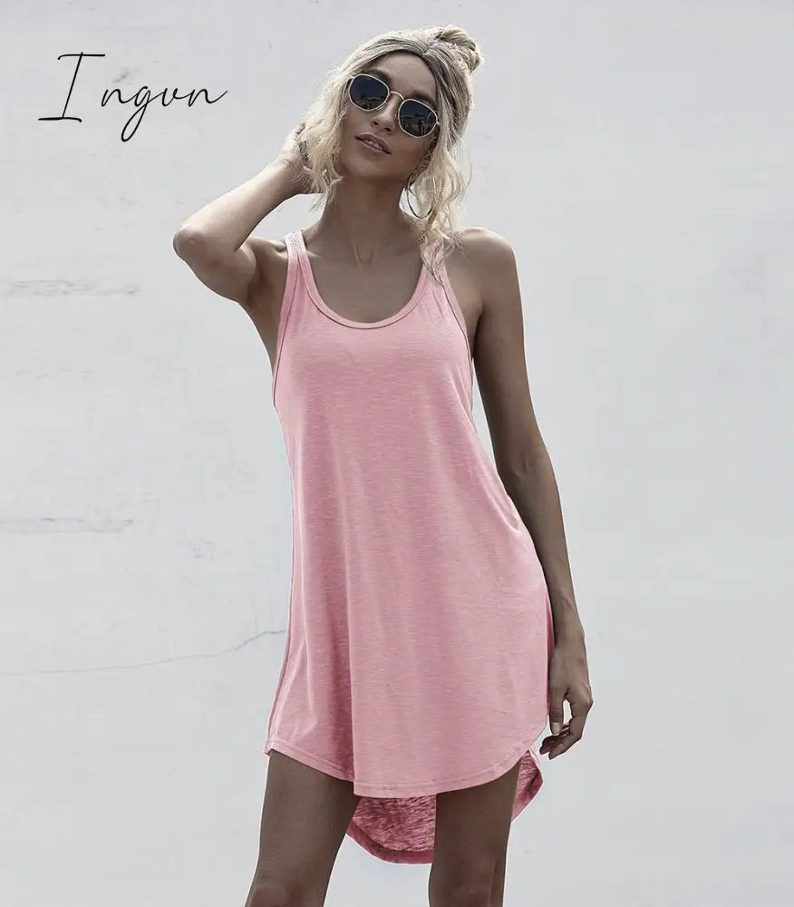 Ingvn - Solid Casual O-neck Sleeveless Tank Dress Women Loose Off Shoulder Asymmetrical Cotton Mini Dress