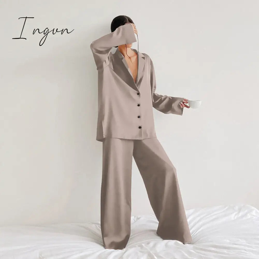 Ingvn - Oversized Satin Silk Sleepwear Low Cut Sexy Pajamas For Women Single-Breasted Long Sleeves Wide Leg Pants Trouser Suits