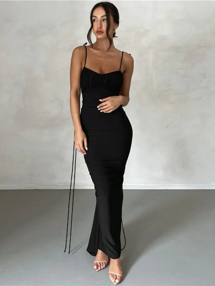 Spaghetti Strap Backless Ruched Maxi Dress For Women Robe Sleeveless Wrap Hip Bodycon Party Long Dress Vestidos