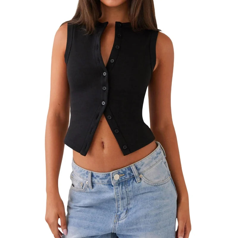 Women Tank Tops y2k Clothing Summer Solid Color Round Neck Sleeveless Button Down T Shirts Vest 2000s Aesthetic Clothes