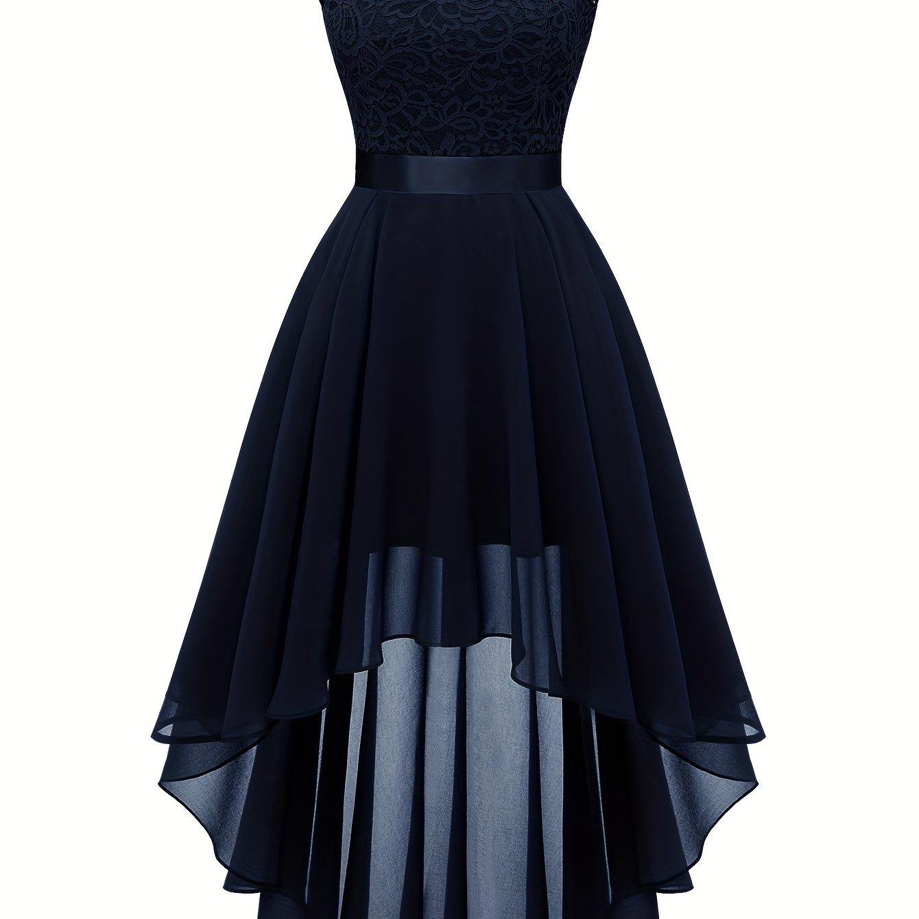 Contrast Lace Asymmetric Hem Wedding Dress, Elegant Solid Bow Waist Tank Dress For Party & Banquet, Homecoming Dress, Women's Clothing