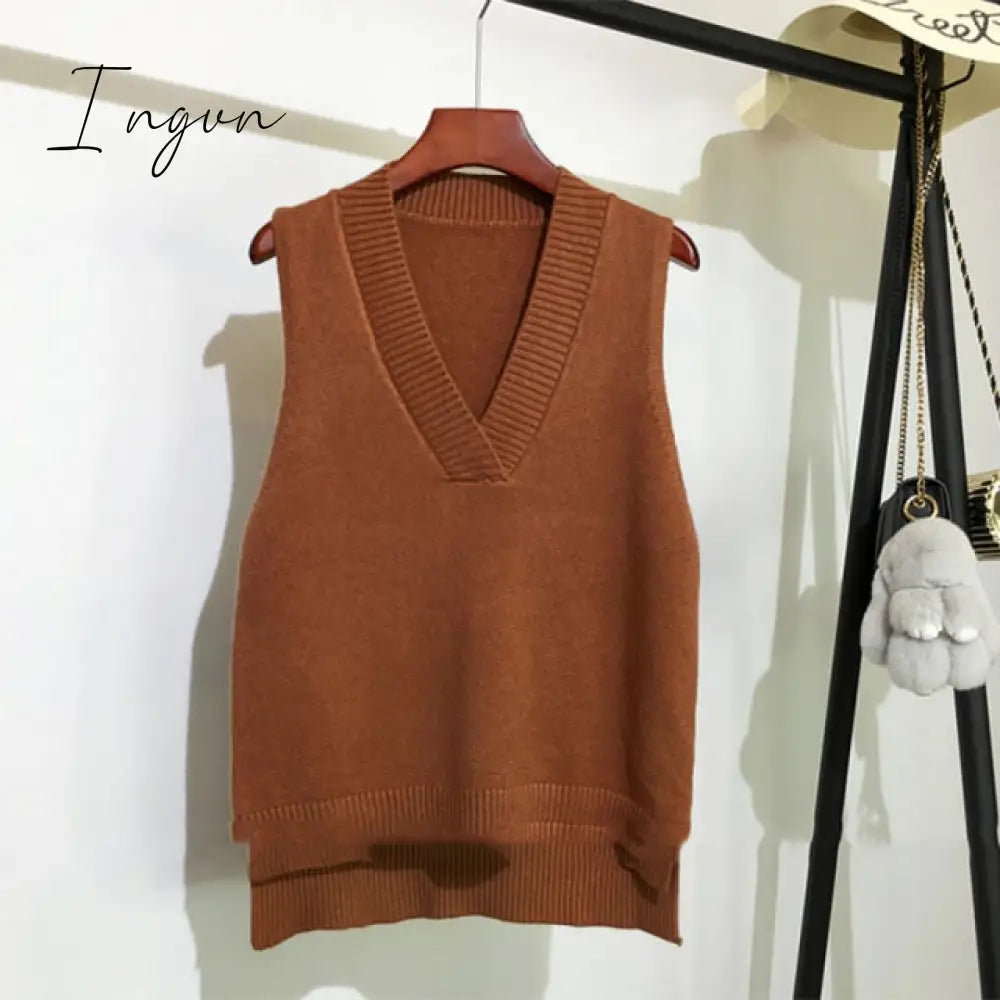 Ingvn - V-neck knitted Vest Women's Sweater Autumn And Winter New Korean Loose Wild Pink Sweater Vest Women Sleeveless Sweater 11810