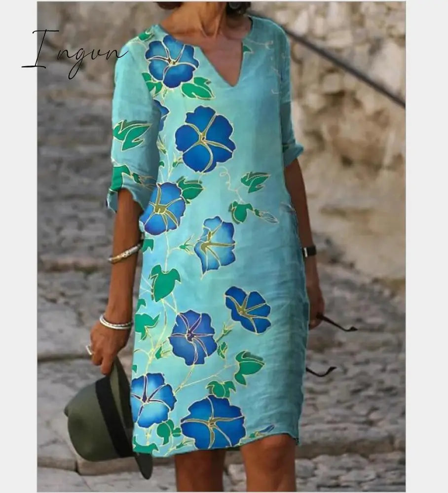 Ingvn - New Women Printing Dress Summer V-Neck Half Sleeve A-Line Dresses Female Retro litera Vintage Loose Dress Vestidos