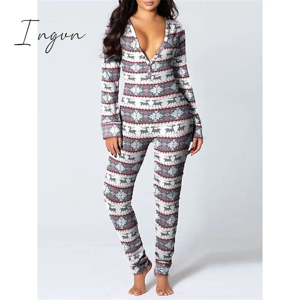 Ingvn - Women's Pajamas Jumpsuit Elk Snowflake Casual Comfort Soft Home Christmas Daily Polyester Breathable V Wire Long Sleeve Hole Fall Winter White Red