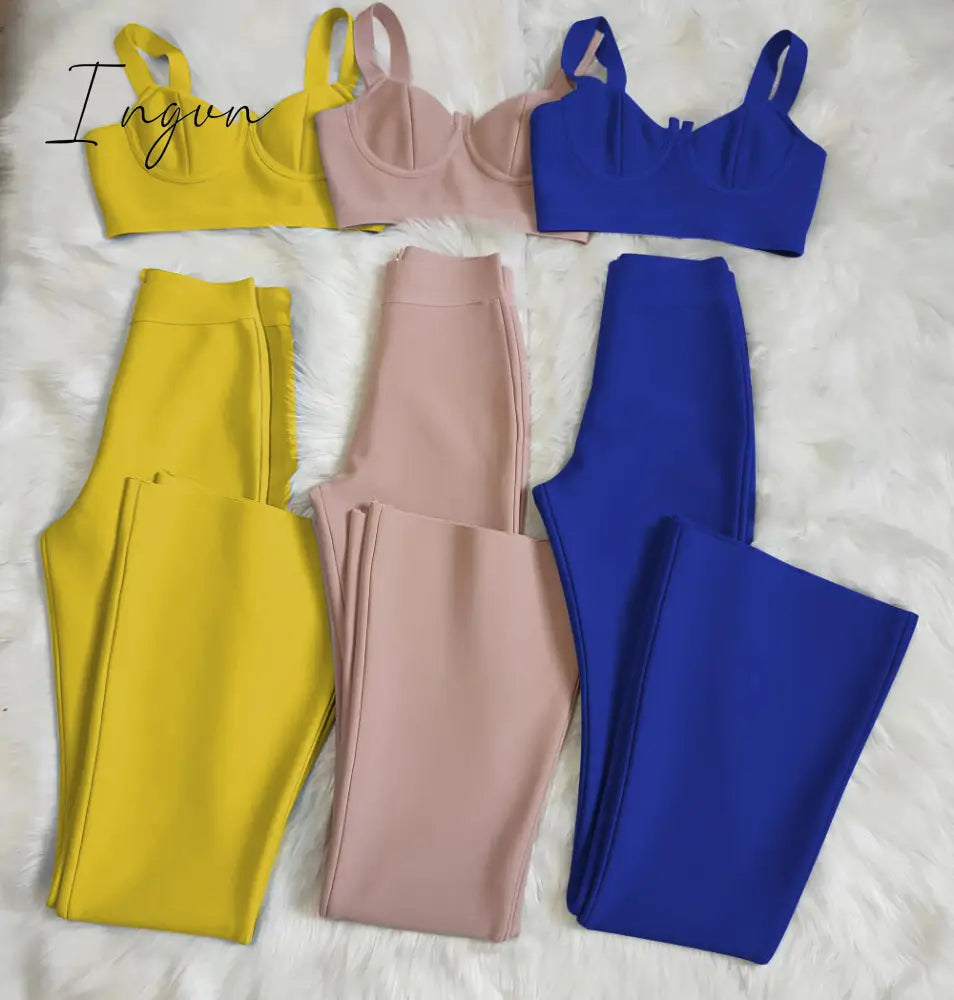 Ingvn - Summer New Women's Fashion Sexy Bandage 2 Two-piece Set Sleeveless Tight Short Top &  High Waist Flared Trousers Pants Set