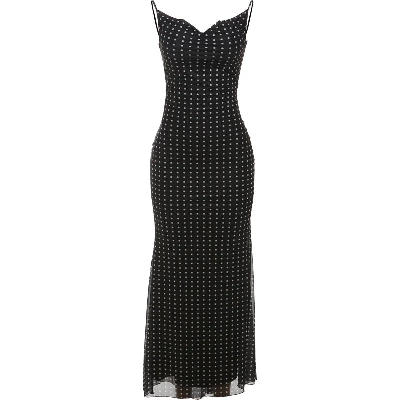 Fashion Polka Dot Print Maxi Dress Women Bandage Backless v-Neck Mesh Elegant Simple Temperament Casual Street Vestidos