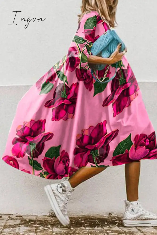 Ingvn - Casual Print Patchwork Turndown Collar Cake Skirt Dresses(11 Colors)