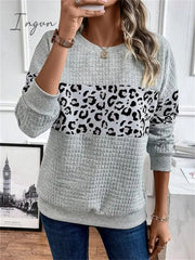 Ingvn - Women's Sweatshirt Pullover Basic Gray Leopard Casual Round Neck Long Sleeve Top Micro-elastic Fall & Winter