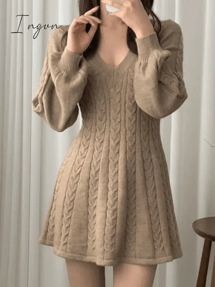 Ingvn - V Neck Cable Knit Long Sleeve Mini Dress