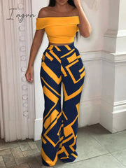 Ingvn - Matching Set Women Slash Neck Pullover Top High Elastic Waist Wide Leg Pants Ladies Outfit Summer Printing Slim Streetwear Suit