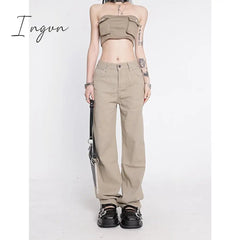 Ingvn - Women's Khaki Wide Leg Jeans Star Pocket Vintage Straight Pants High Waist Baggy Streetwear Casual Brown Denim Trouser Ladies