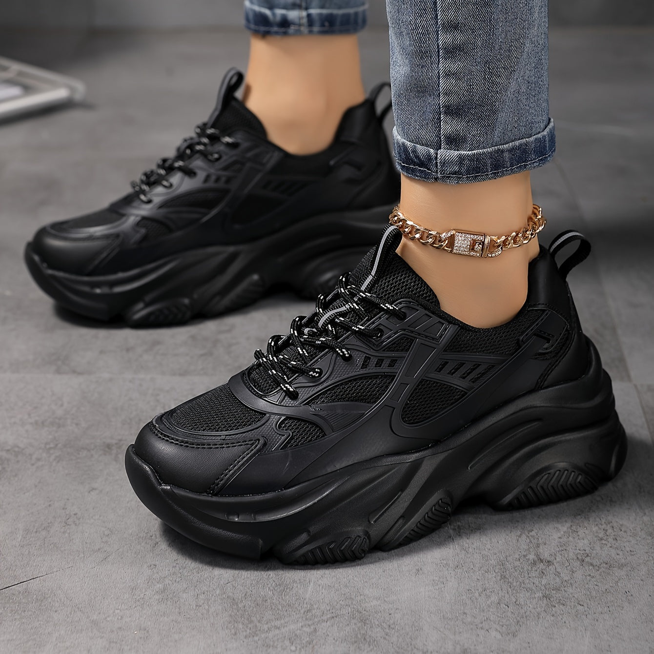 Womens Solid Color Lace-up Chunky Sneakers - Fashionable Height Boost - Comfortable Memory Foam Running Shoes for Everyday Wear