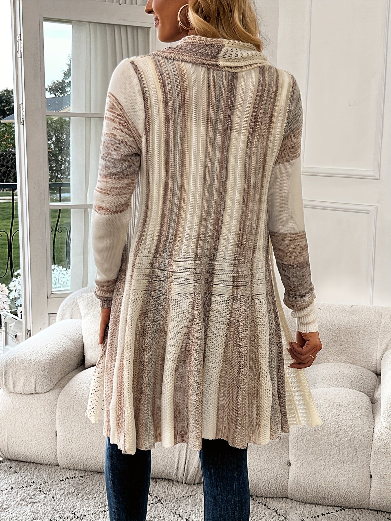 Long Sleeve Color Block Open Front Knitted Cardigan for Spring & Fall, Casual Women's Clothing