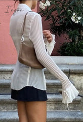 Ingvn - Hot Sell Vintage White Folds Cute Y2K Shirts Women Elegant Fashion Flared Sleeve Button Tops See Through Sexy Mesh Girl Tees