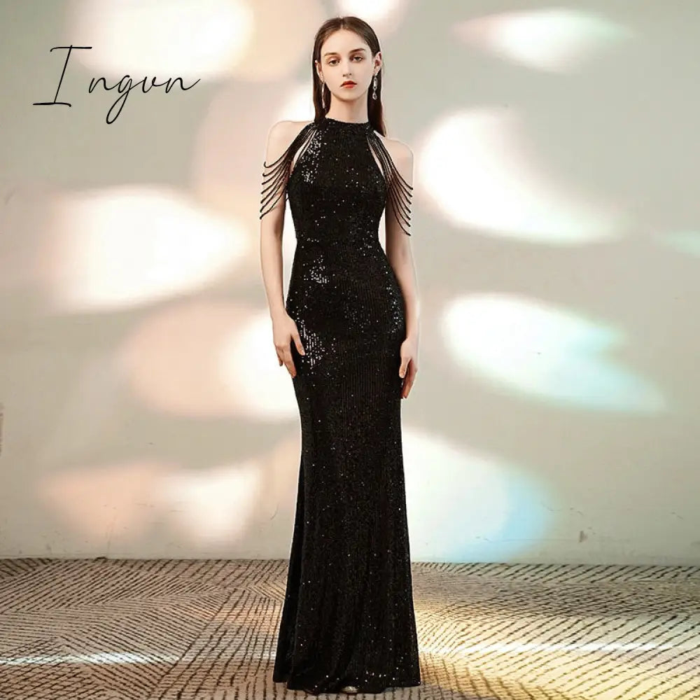 Ingvn - Trends high quality Elegant Off Shoulder Beaded Sequin Evening Dress Women Sliver Party Bodycon Maxi Dress