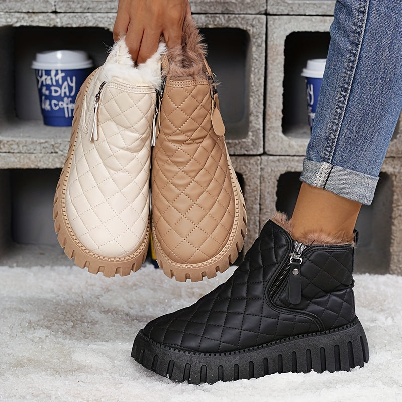 1pr Winter Warm Fleece-Lined Ankle Boots for Women - Casual Solid Color Round Toe Zippered Comfort Boots with Low Platform Heel, Non-Slip Rubber Sole, Fabric Insole - PU Upper, Fabric Lining - Thick Warm Snow Boots