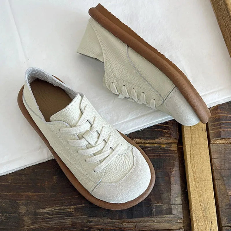 New Women's Shoes Flat Bottom Round Toe Flat Shoes Casual Lace Up Ladies Sneakers Mixed Color Soft Sole Beige Vulcanized Shoes